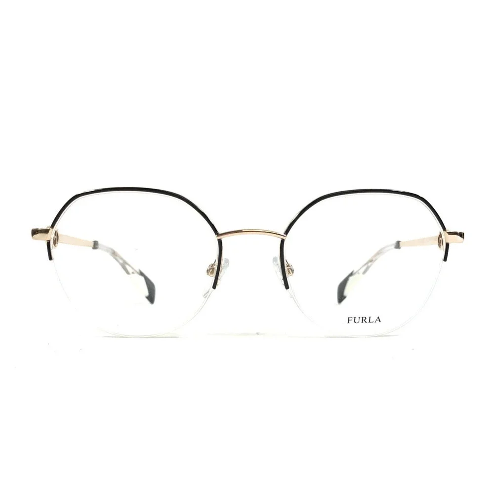 Furla Eyeglasses Frames VFU358 COL.0301 Black Gold Round Half Rim 50-19-135